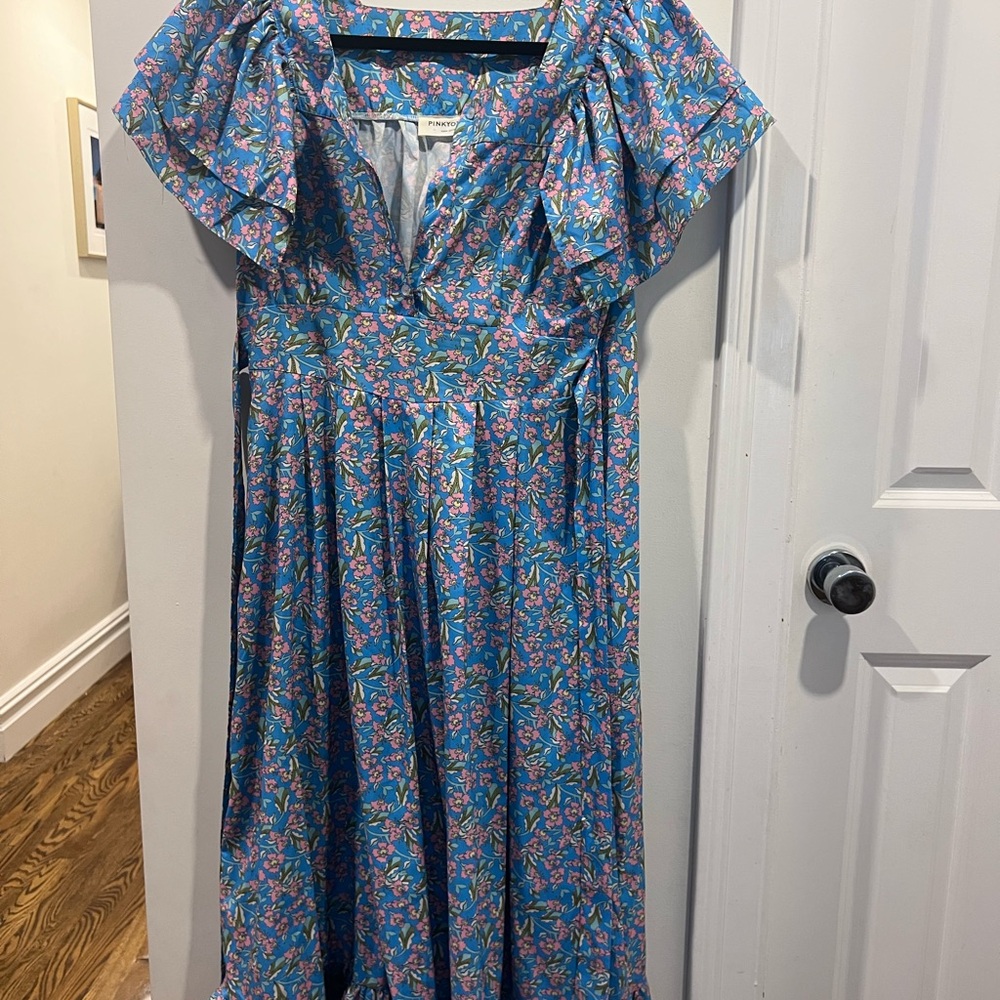 Pinky Otto Floral Blue Dress with Ruffle Sleeves